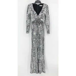 DRESS THE POPULATION Sequin Jumpsuit sz XS/S Long Sleeve Silver Black Stripe